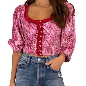FREE PEOPLE NWT Pink Wine Burgundy  Paisley Ruffled Wide Long Sleeves  Top B…
